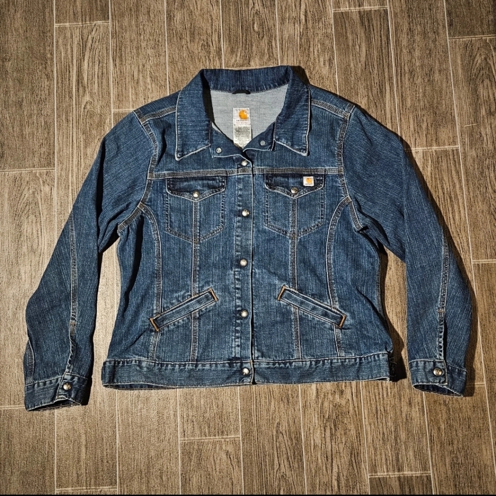 Carhartt Denim Trucker Jacket Women's 2XL Long Sleeve Blue Snap Button - Picture 2 of 6